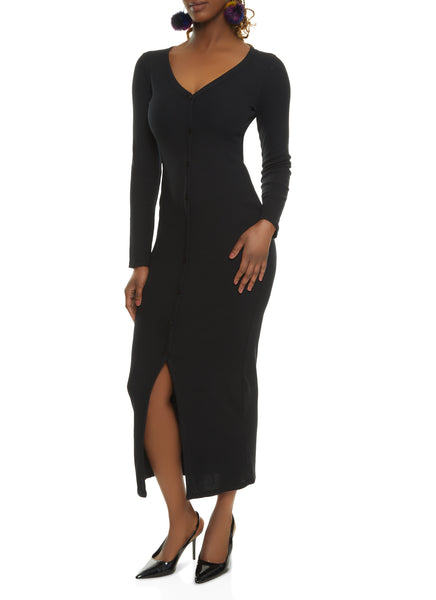 V-neck Long Sleeves Ribbed Button Front Knit Bodycon Dress/Maxi Dress