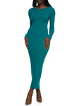 Knit Long Sleeves Ribbed Crew Neck Bodycon Dress/Maxi Dress