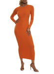 Knit Crew Neck Ribbed Long Sleeves Bodycon Dress/Maxi Dress