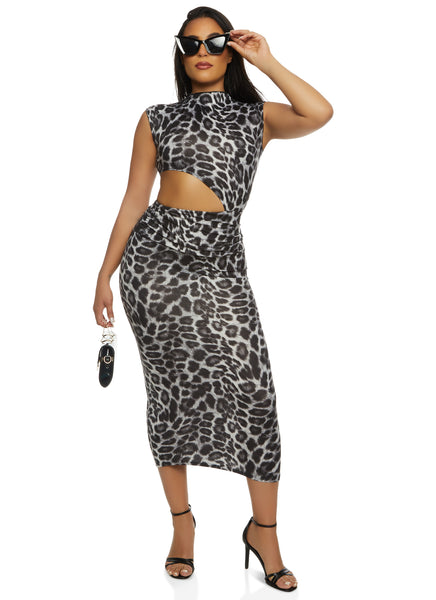 Cap Sleeves Tank High-Neck Cutout Ruched Animal Leopard Print Bodycon Dress/Maxi Dress