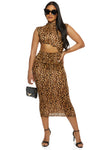 High-Neck Cutout Ruched Asymmetric Animal Leopard Print Cap Sleeves Bodycon Dress/Maxi Dress