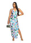 Floral Tropical Print Sleeveless Spaghetti Strap Cowl Neck Slit Maxi Dress