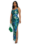 Satin Floral Tropical Print Cowl Neck Slit Sleeveless Spaghetti Strap Maxi Dress