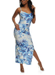 Slit Floral Tropical Print Sleeveless Cowl Neck Bodycon Dress/Maxi Dress