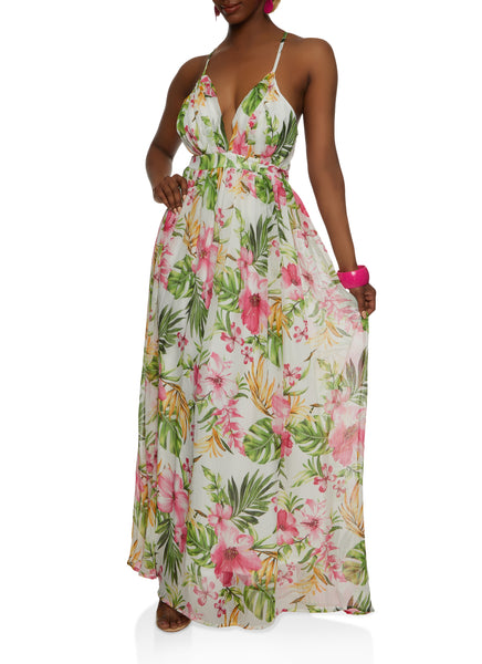 Chiffon Back Zipper Floral Print Plunging Neck Sleeveless Empire Waistline Maxi Dress