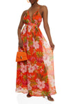 Back Zipper Floral Print Sleeveless Empire Waistline Chiffon Plunging Neck Maxi Dress