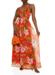 Plunging Neck Empire Waistline Sleeveless Back Zipper Floral Print Chiffon Maxi Dress