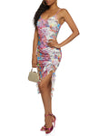 Mesh Ruched Sleeveless Spaghetti Strap Floral Print Scoop Neck Midi Dress With Ruffles