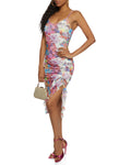 Sleeveless Spaghetti Strap Mesh Ruched Scoop Neck Floral Print Midi Dress With Ruffles