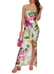 Square Neck Sleeveless Spaghetti Strap Floral Print Satin Slit Lace-Up Maxi Dress