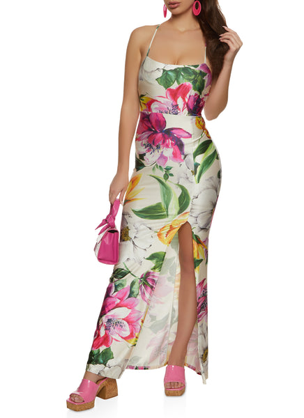 Square Neck Floral Print Satin Slit Lace-Up Sleeveless Spaghetti Strap Maxi Dress