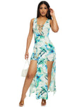 Tropical Print Sleeveless Lace-Up Plunging Neck Maxi Dress