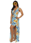 Plunging Neck Floral Tropical Print Lace-Up Sleeveless Maxi Dress