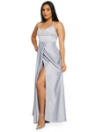 V-neck Satin Pleated Back Zipper Sleeveless Maxi Dress With Rhinestones