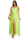 V-neck Back Zipper Pleated Satin Sleeveless Maxi Dress With Rhinestones