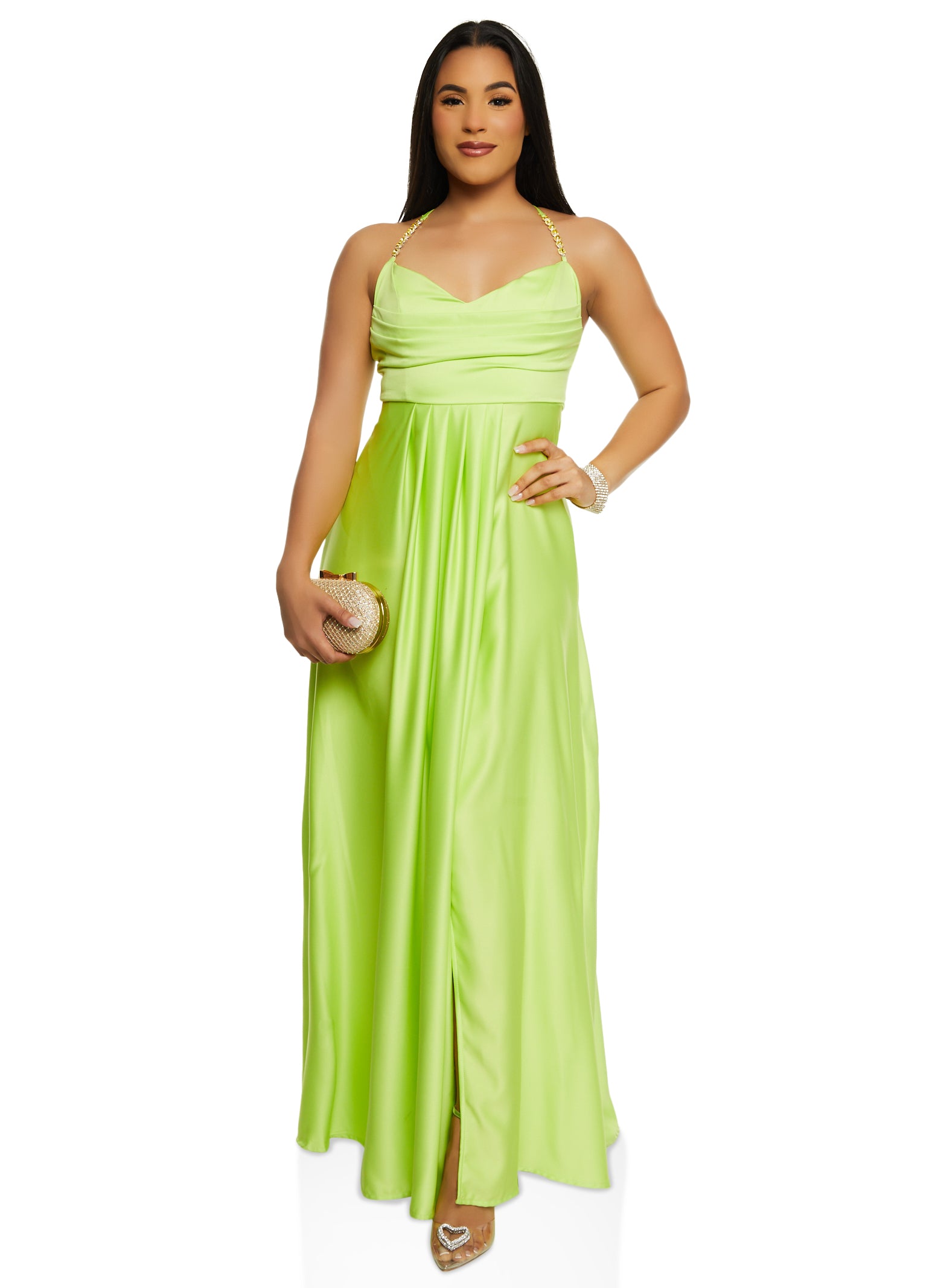 Womens Haute Monde Rhinestone Strap Satin Maxi Dress,