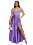 V-neck Sleeveless Satin Pleated Back Zipper Maxi Dress With Rhinestones