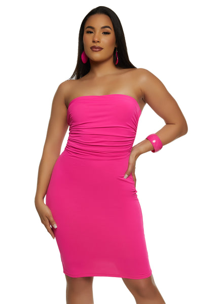 Strapless Ruched Tube Sleeveless Bodycon Dress/Midi Dress