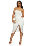 Strapless Slit Ruched Sleeveless Ruffle Trim Tube Midi Dress