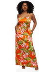 Scoop Neck Tropical Print Sleeveless Spaghetti Strap Lace-Up Maxi Dress