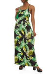 Floral Tropical Print Scoop Neck Satin Sleeveless Spaghetti Strap Lace-Up Maxi Dress