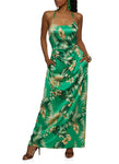 Lace-Up Scoop Neck Satin Sleeveless Spaghetti Strap Floral Tropical Print Maxi Dress
