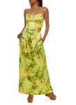Satin Scoop Neck Sleeveless Spaghetti Strap Lace-Up Floral Tropical Print Maxi Dress