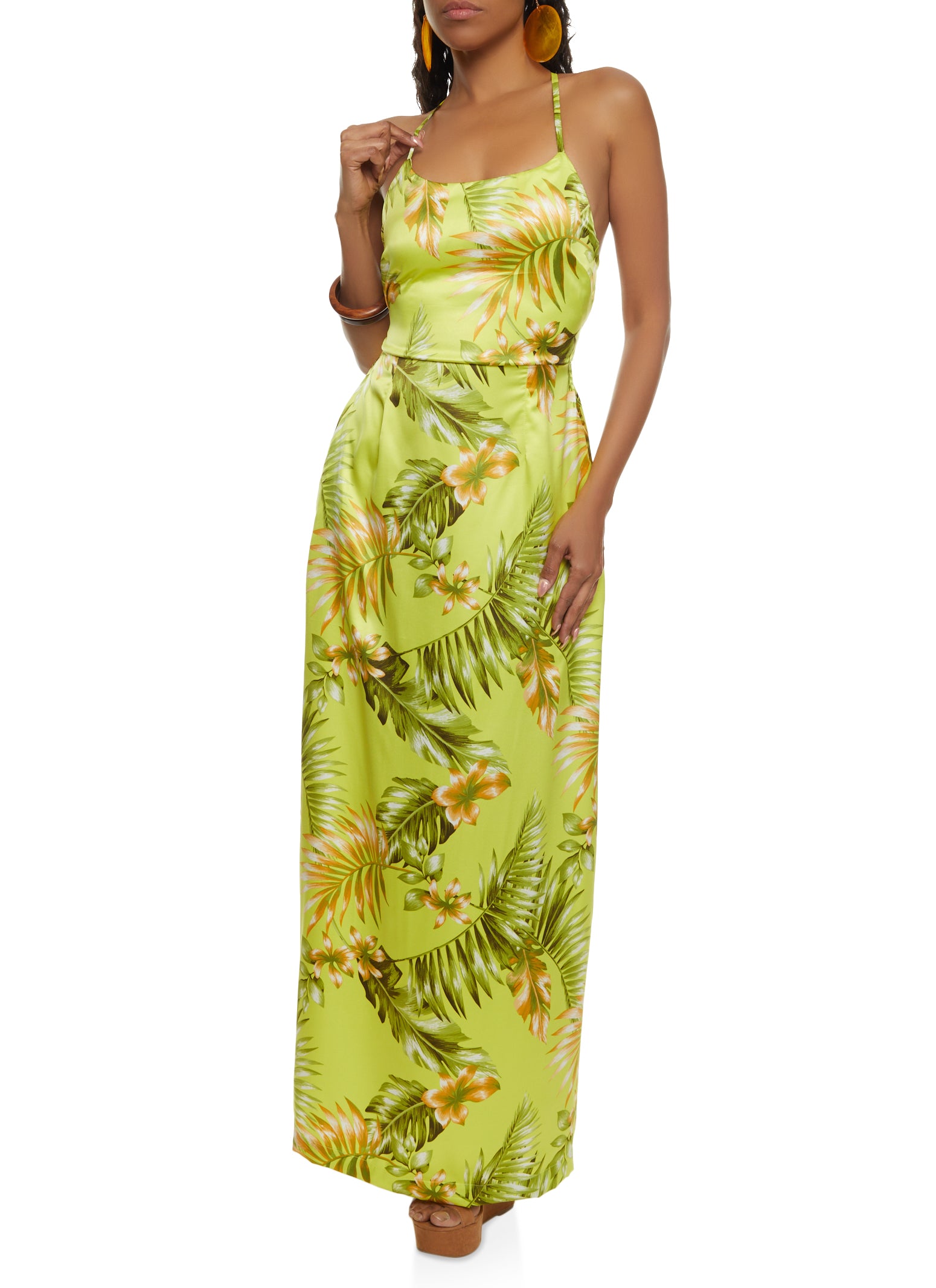 Womens Haute Monde Open Criss Cross Back Tropical Print Maxi Dress, S