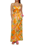 Scoop Neck Lace-Up Satin Floral Tropical Print Sleeveless Spaghetti Strap Maxi Dress