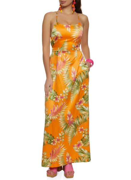 Sleeveless Spaghetti Strap Satin Floral Tropical Print Scoop Neck Lace-Up Maxi Dress