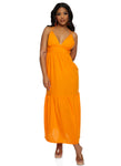 Plunging Neck Smocked Linen Sleeveless Tiered Maxi Dress