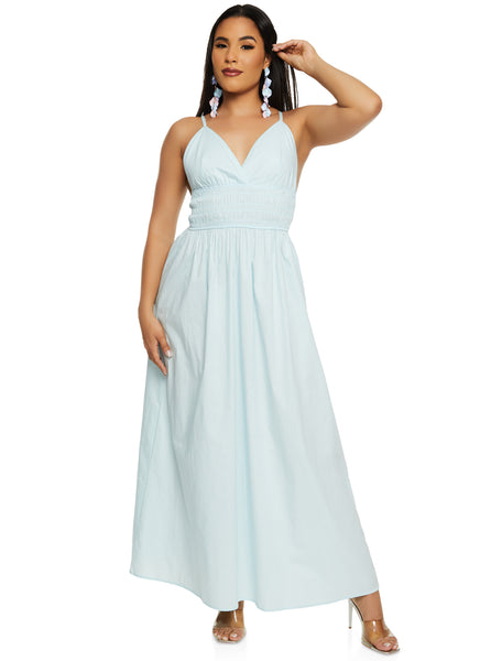 Sleeveless Plunging Neck Smocked Elasticized Waistline Maxi Dress