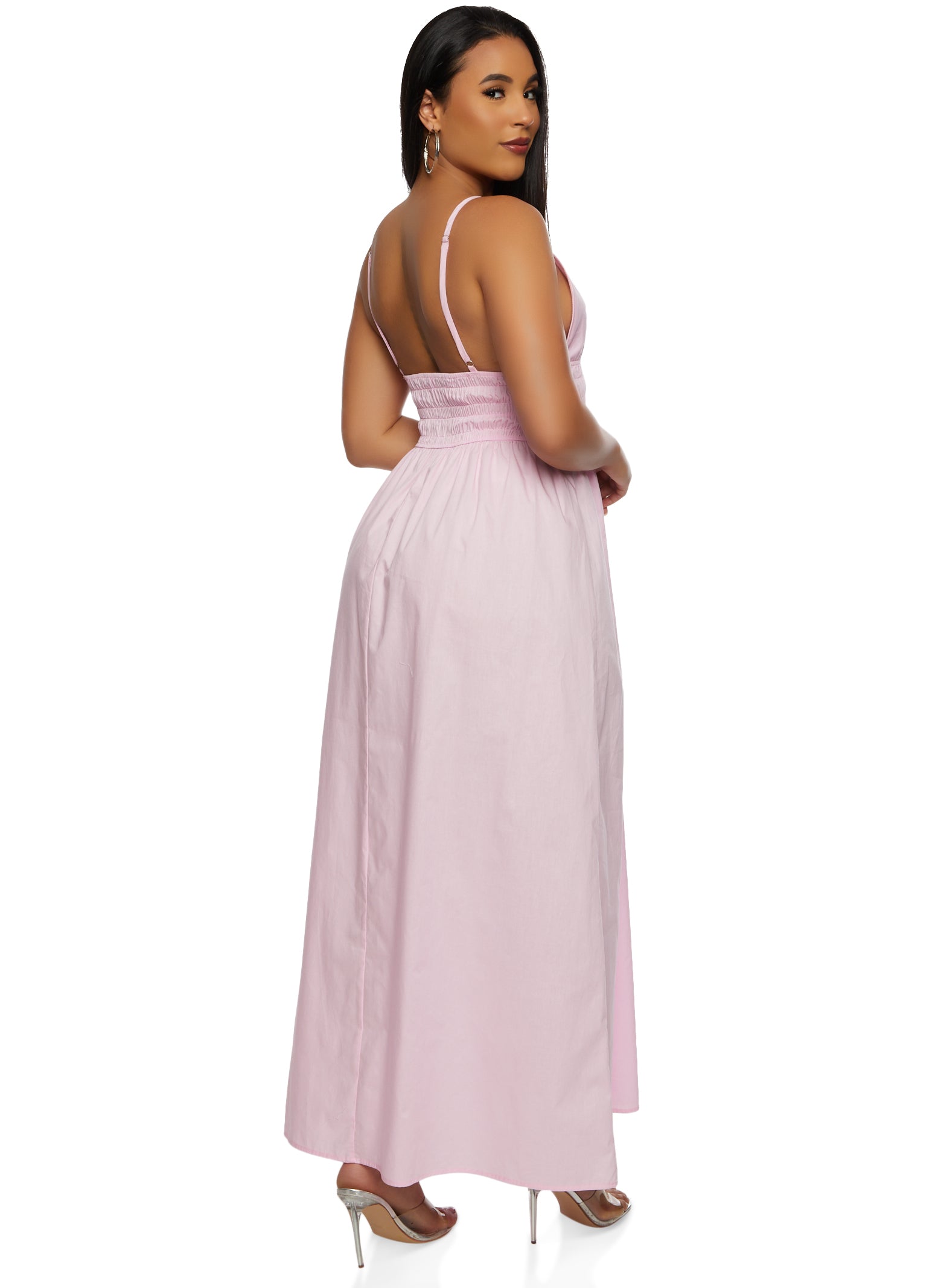 Womens Haute Monde Smocked Waist Plunge Maxi Dress, Pink, Size S