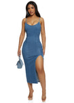 Scoop Neck Denim Sleeveless Spaghetti Strap Back Zipper Slit Midi Dress