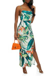 Sleeveless Spaghetti Strap Lace-Up Slit Tropical Print Maxi Dress