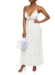 Sleeveless Plunging Neck Empire Waistline Tiered Lace-Up Knit Maxi Dress With Ruffles