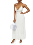 Sleeveless Lace-Up Tiered Empire Waistline Knit Plunging Neck Maxi Dress With Ruffles