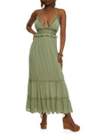 Plunging Neck Tiered Lace-Up Sleeveless Knit Empire Waistline Maxi Dress With Ruffles