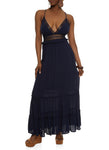 Plunging Neck Tiered Lace-Up Empire Waistline Sleeveless Knit Maxi Dress With Ruffles