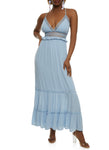 Empire Waistline Tiered Lace-Up Sleeveless Knit Plunging Neck Maxi Dress With Ruffles