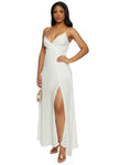 V-neck Sleeveless Spaghetti Strap Chiffon Slit Back Zipper Maxi Dress