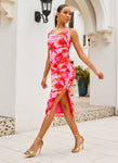 Cowl Neck Sleeveless Spaghetti Strap Mesh Ruched Slit Floral Tie Dye Print Midi Dress