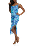 Floral Tie Dye Print Ruched Mesh Slit Sleeveless Spaghetti Strap Cowl Neck Midi Dress