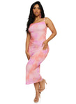 Tie Dye Print Sleeveless Spaghetti Strap Mesh Ruched Square Neck Midi Dress