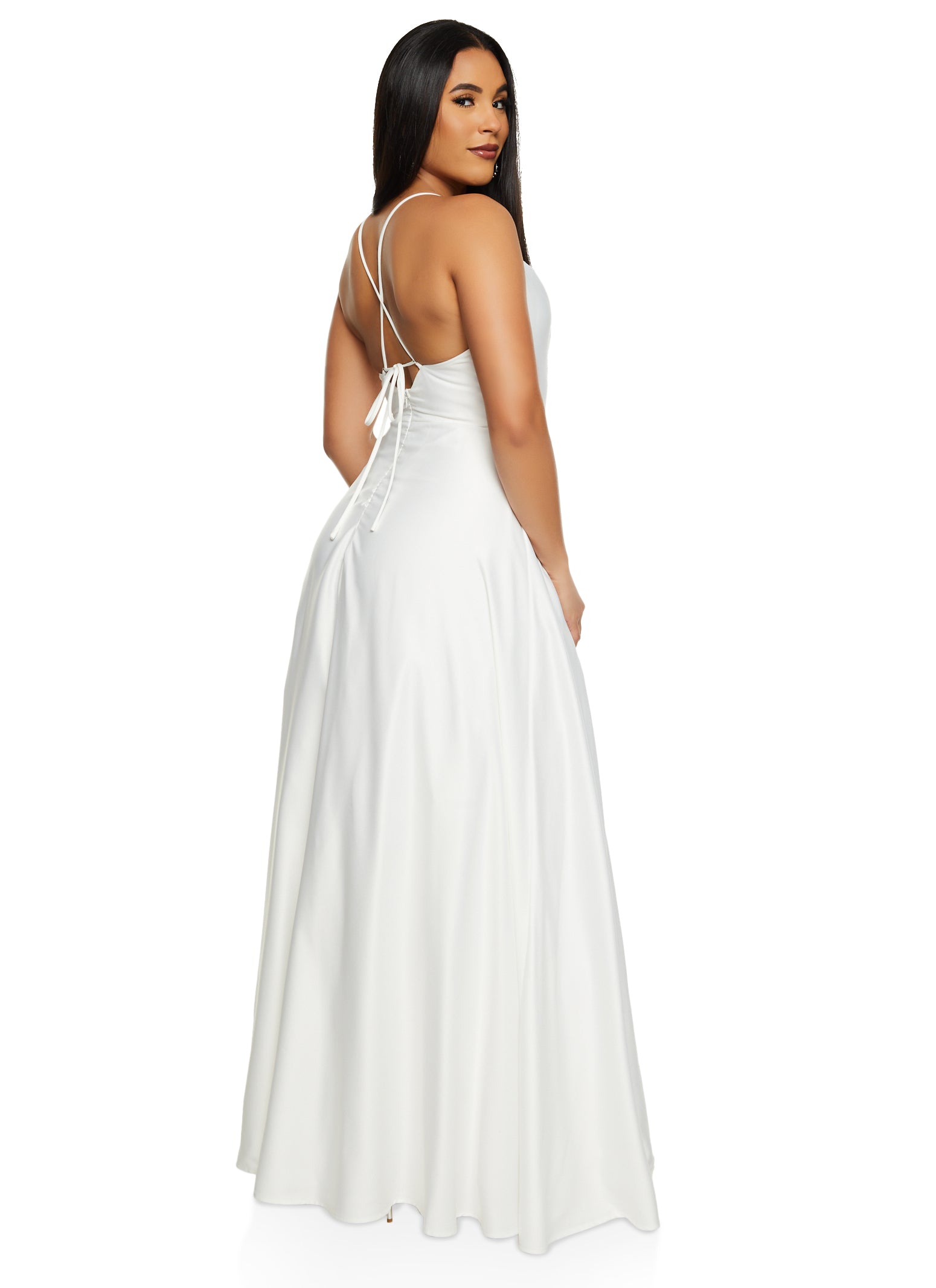 Womens Satin Criss Cross Back Maxi Dress, White, Size S