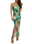 Sleeveless Spaghetti Strap Cowl Neck Satin Slit Floral Tropical Print Maxi Dress