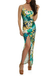 Satin Sleeveless Spaghetti Strap Slit Cowl Neck Floral Tropical Print Maxi Dress