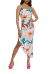 Cowl Neck Asymmetric Floral Print Sleeveless Spaghetti Strap Bodycon Dress