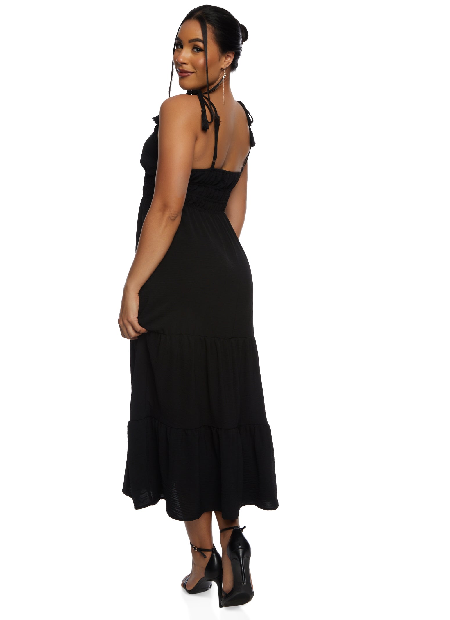 Womens Almost Famous Crochet Trim Tiered Maxi Dress, Black, Size S