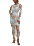 Mesh General Print Crew Neck Long Sleeves Maxi Dress